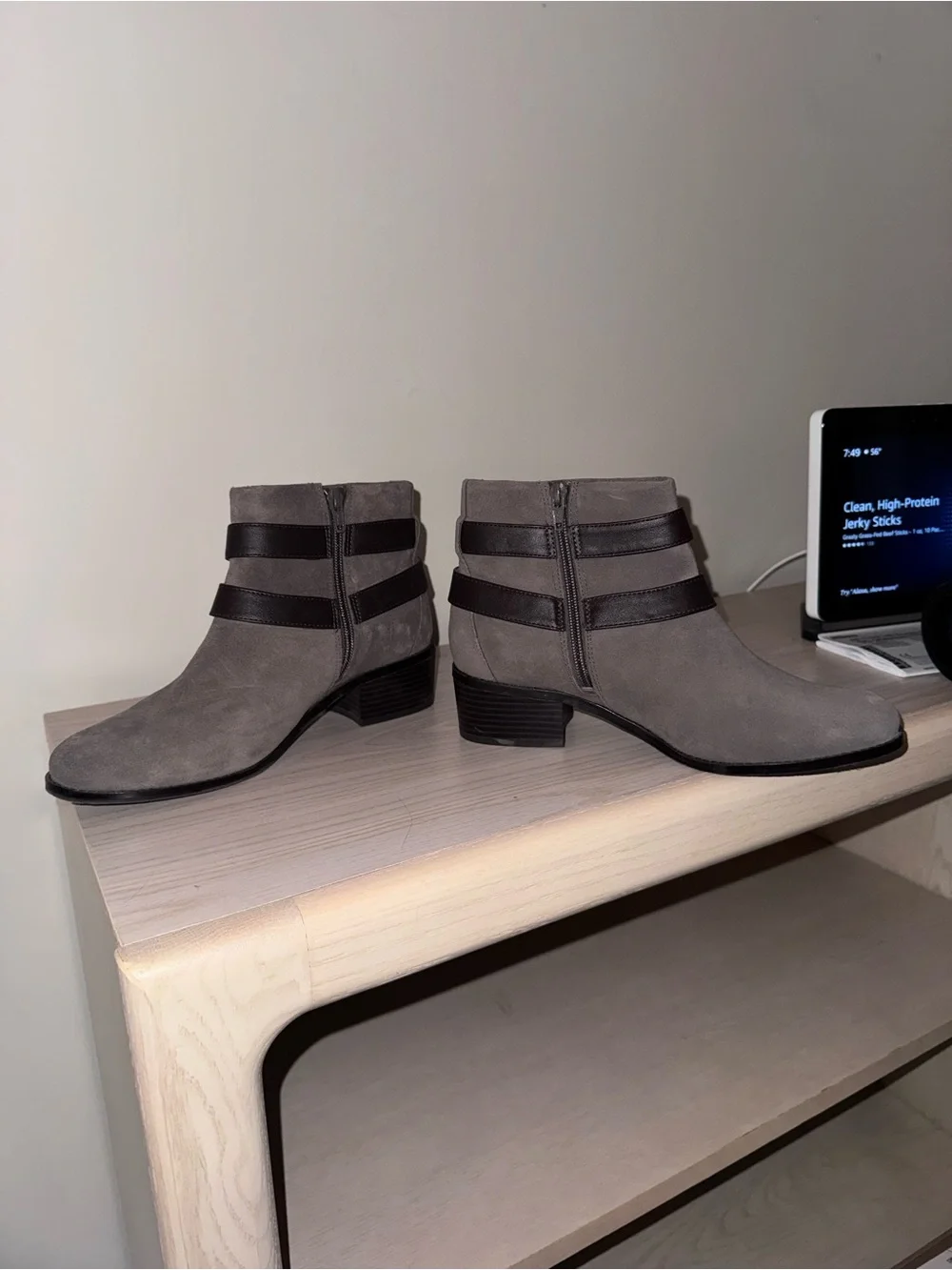 Vionic Tan Suede Ankle Boots with Dark Brown Straps